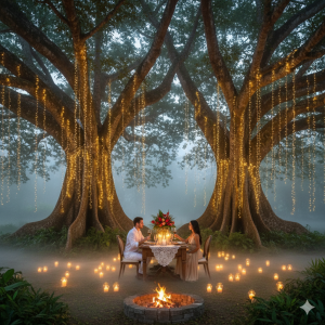 Cena romántica bajo dos ceibas sagradas maya